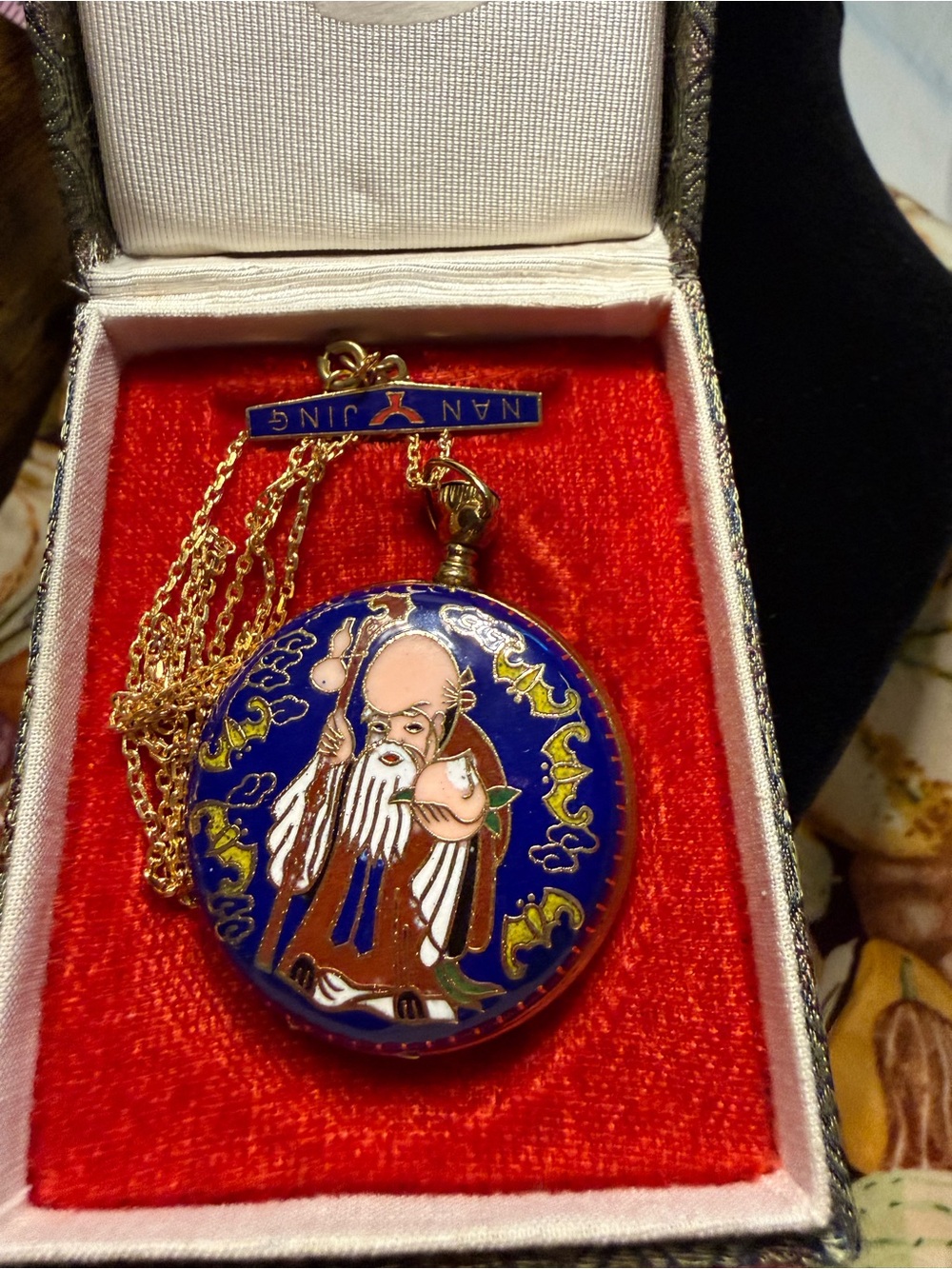 Vintage Blue Cloisonné Pendant Necklace with Gold Chain